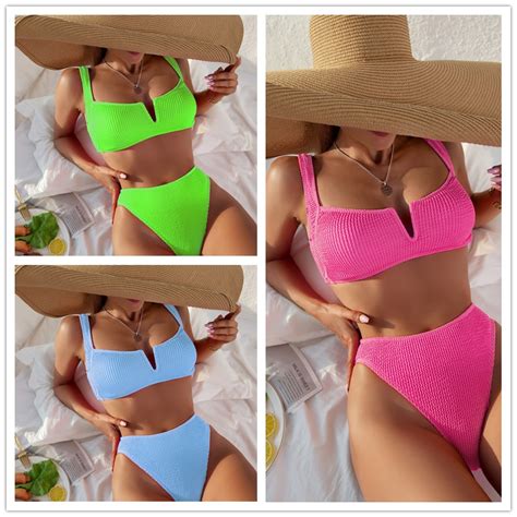 Push Up Bikini 2022 Sexy Women Texture Swimsuit Solid Swimwear Female