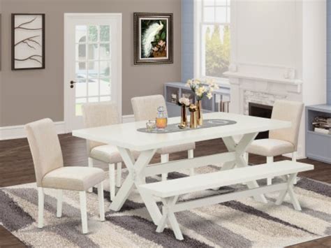 6Pc Dining Set-Light Beige Seat Chair Chairs,A Bench & Top Table-Linen ...