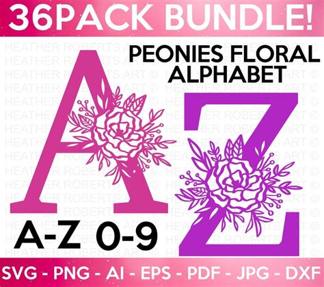 Peony Floral Alphabet And Numbers Svg Flower Monogram Frame Etsy