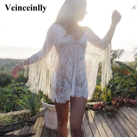 Buy 2018 Sexy White Fringe Tunic Beach Dress Crochet