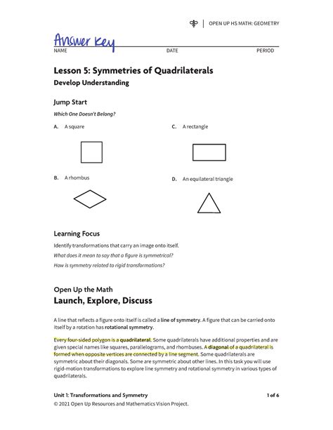Lesson 5 (Symmetries of Quadrilaterals) Answer Key - Lesson 5