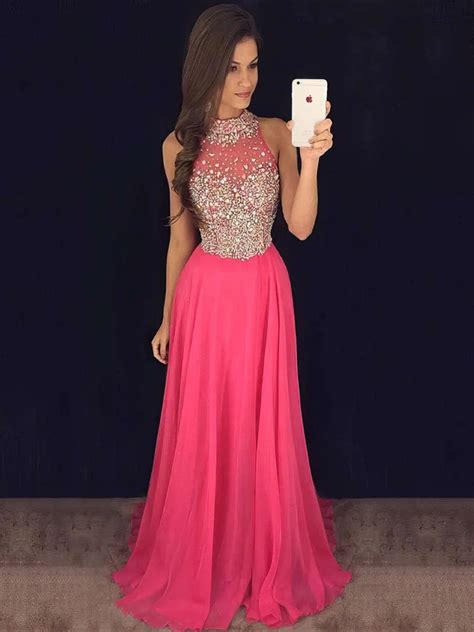 A Line High Neck Chiffon Sweep Train Beading Prom Dresses Millybridal Org