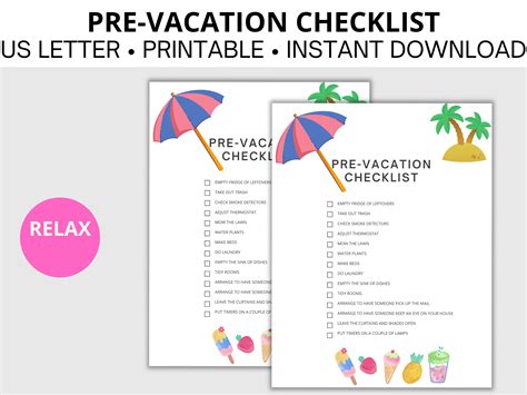 Vacation Checklist; Printable; Instant Download; Use Before You Travel