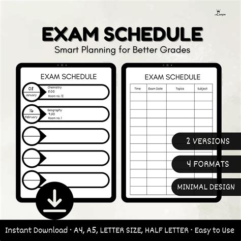 digital exam schedule printable test planner  students study