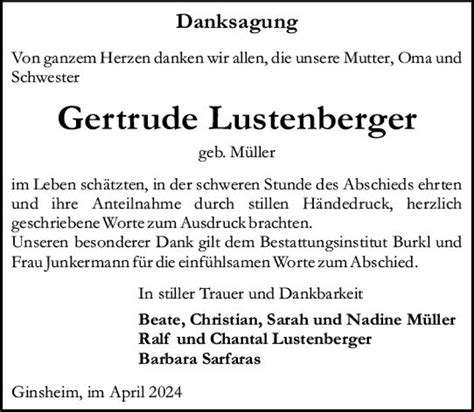 Traueranzeigen Von Gertrude Lustenberger Vrm Trauer De