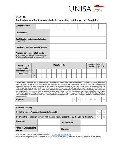 Unisa Dsar Form Summary Dsar Application Form For Final Year