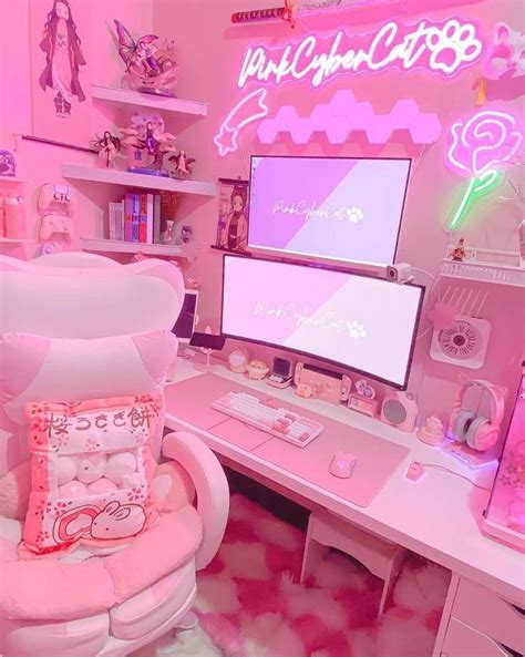 pastel pink gaming setup desk | Gamer room, Video game room design ...