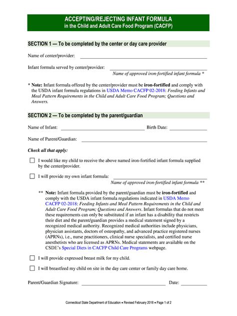 Fillable Online Accepting Rejecting Infant Formula In The Cacfp Ct