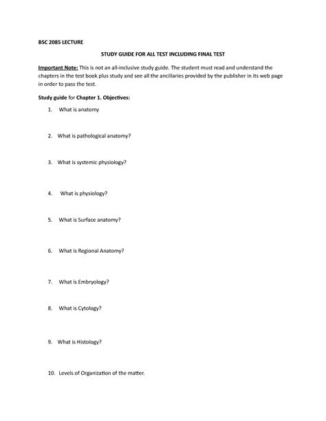 Anatomy Test 1 Study Sheet BSC 2085 LECTURE STUDY GUIDE FOR ALL TEST