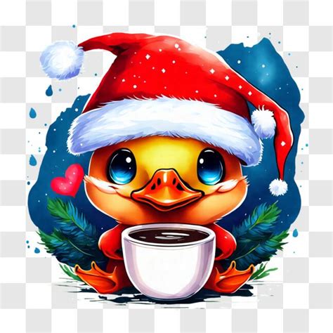 Baixe Pato de desenho animado chapéu de Papai Noel bebendo café ao