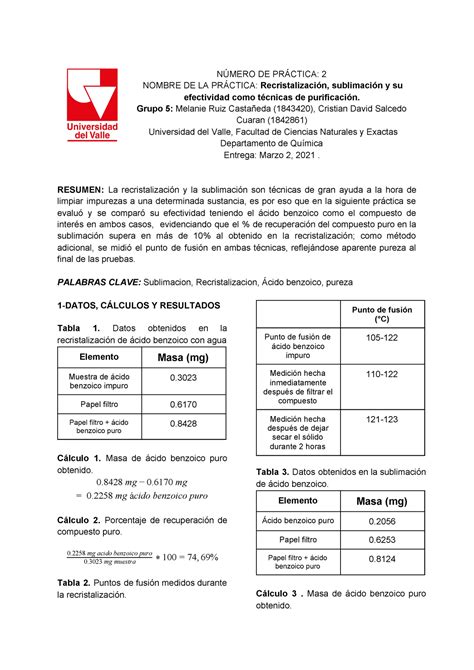 Informe Recristalizacion Y Sublimacion N Mero De Pr Ctica Nombre