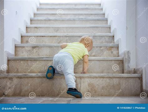 Baby Girl Crawling Up Stairs Outdoors Stock Image Image Of Back