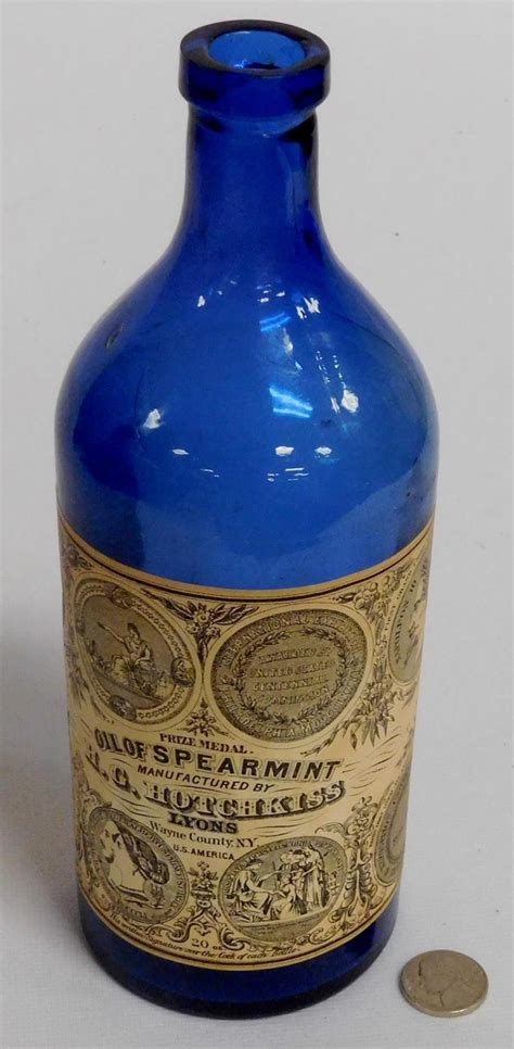 Lot Antique Hg Hotchkiss Oil Of Spearmint Cobalt Bottle W Label