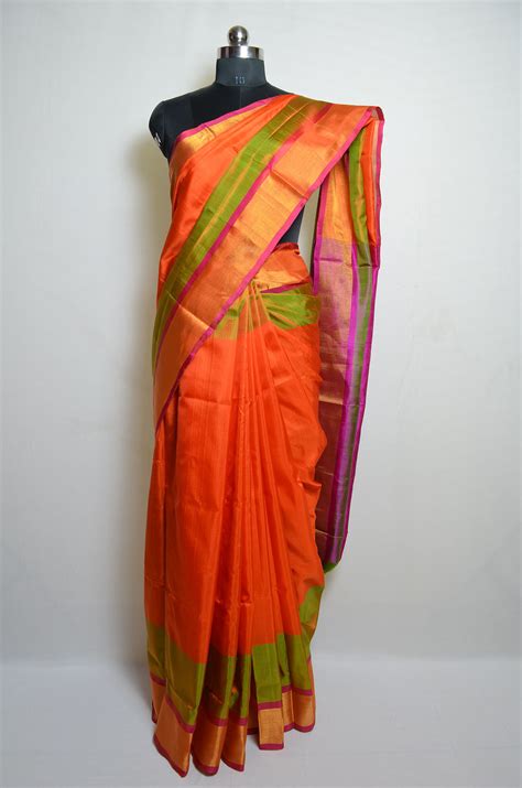 Tvis And Bliss Orange And Pink Double Border Uppada Silk Saree