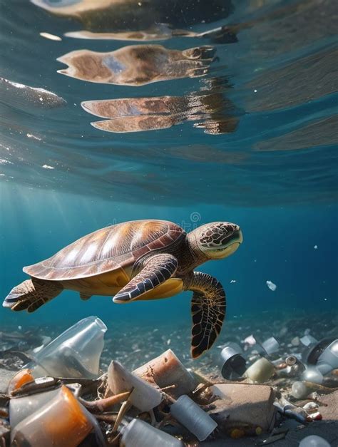 Turtle Swimming Among Trash Underwater Plastic Waste In Sea Water