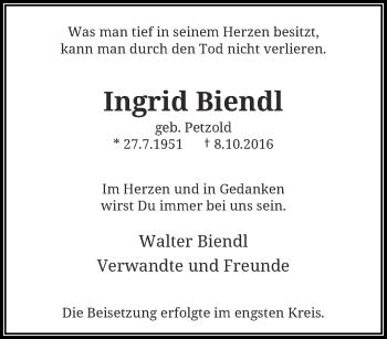 Traueranzeigen Von Ingrid Biendl Trauer Und Gedenken