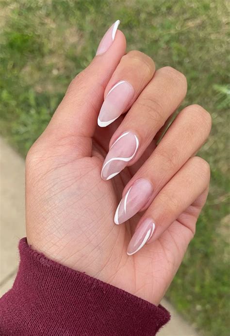 Almond Nails White Design Stylish Nails Almond Nails Nude Nails