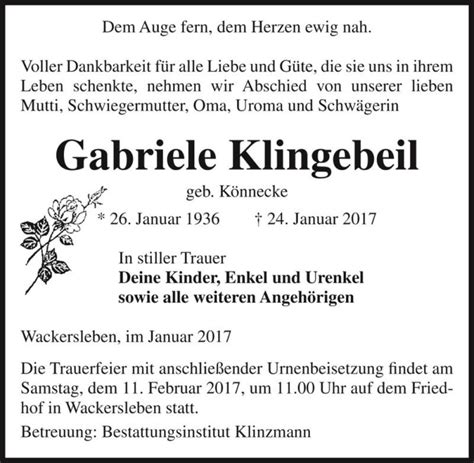 Traueranzeigen von Gabriele Klingebeil geb Könnecke abschied