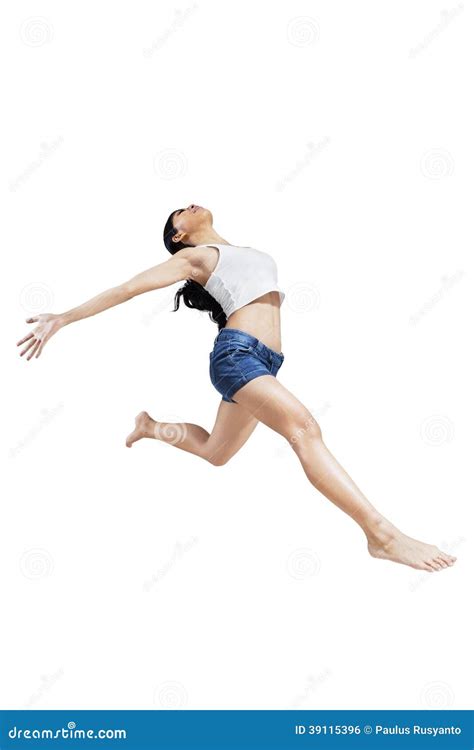 Excited Woman Jumping On White Background Stock Photo Image Of