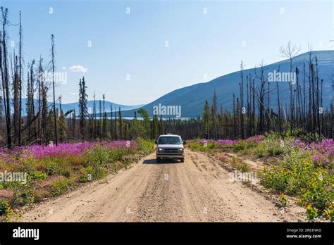 Van life camper van seen in Yukon Territory during summertime with