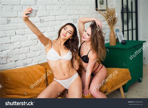 Two Girls Sexy Lingerie Taking Selfie Stock Photo Edit Now 793840993