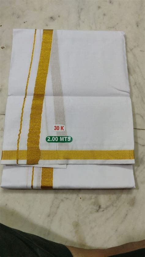 Exclusive Cotton White Lungisingle Dhoti With Golden Zari Border At