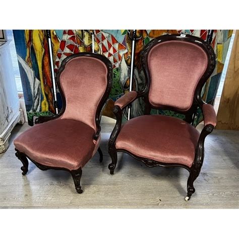 Antique Victorian Grandfather And Grandmother Chairs 2 In