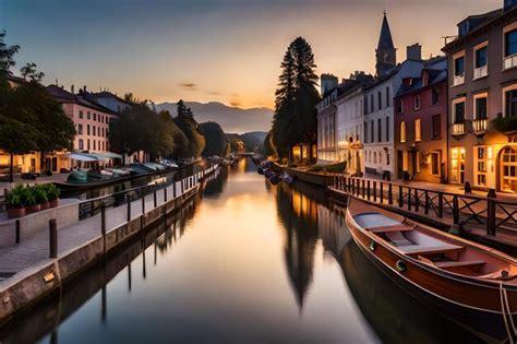 Premium AI Image | boats on a canal at sunset with a mountain view in ...