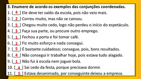 Conjunções coordenadas Exercícios 1 Enumerar de acordo Lição Prática