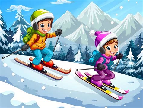 Boy and Girl Skiing, a Cartoon of Kids Skiing Down a Snowy Hill Stock ...