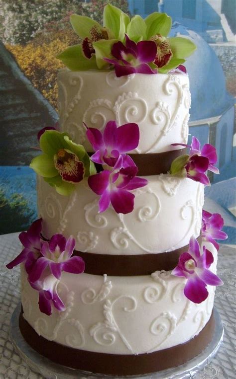 Pink And Green Orchids Wedding Cake Brown Wedding Cakes Orchid Wedding Cake Orchid Cake Cake