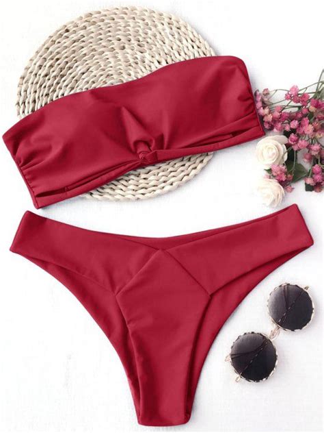 15 OFF 2019 Knot Padded Bandeau Bikini Set In RED ZAFUL