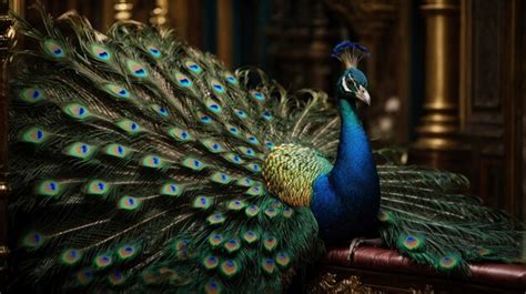 A Peacock With Its Feathers Spread Out On A Chair In A Room Premium