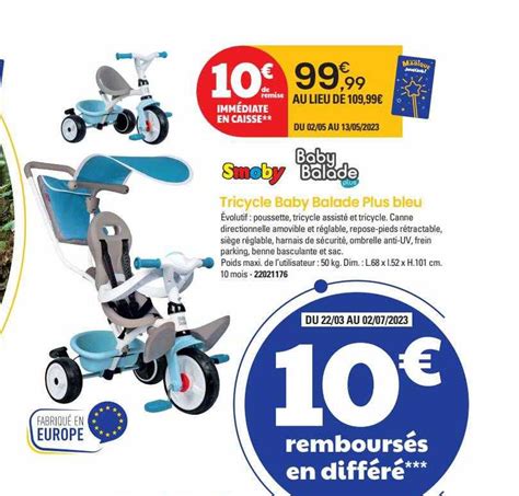 Offre Tricycle Baby Balade Plus Bleu Smoby Chez JoueClub