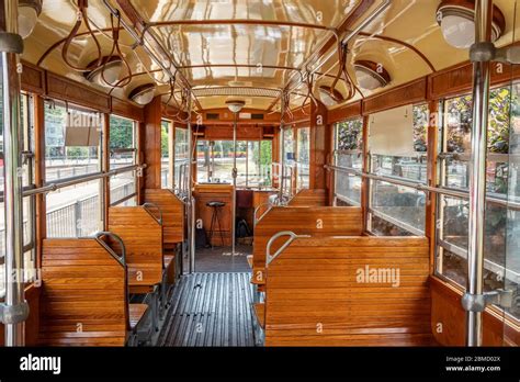 Inside view of the retro Tram interior Stock Photo - Alamy