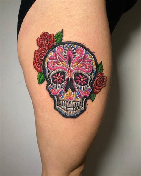 Embroidery Style Sugar Skull Tattoo Located On The