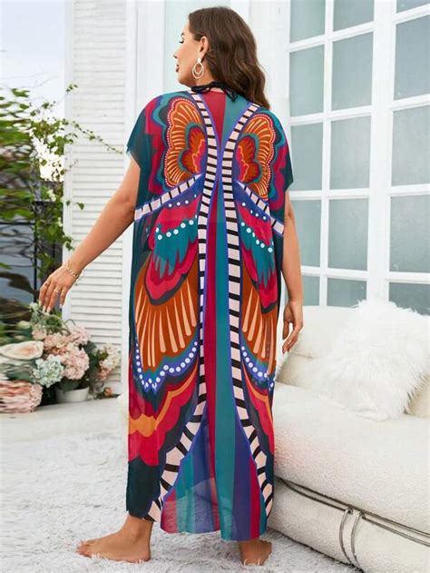 SHEIN Swim BohoFeel Plus Butterfly Print Batwing Sleeve Cover Up Dress