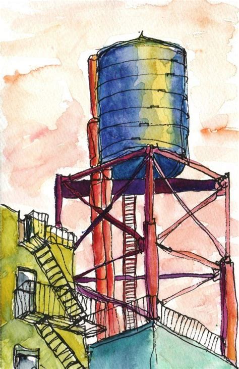 Art Painting Watercolor NYC Water Tower Fire Escape by vhmckenzie, $20. ...