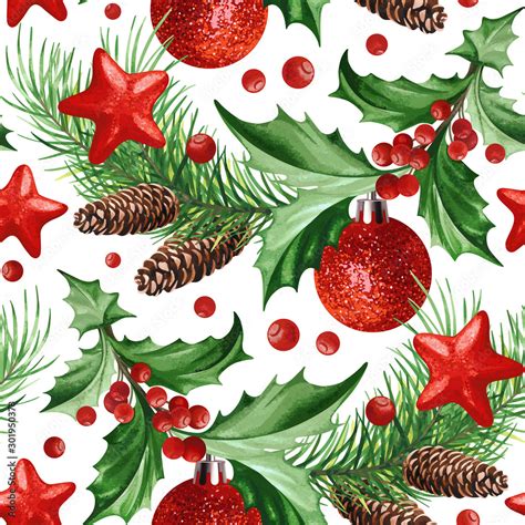 Seamless pattern with Christmas symbol - Holly leaves, Christmas tree ...