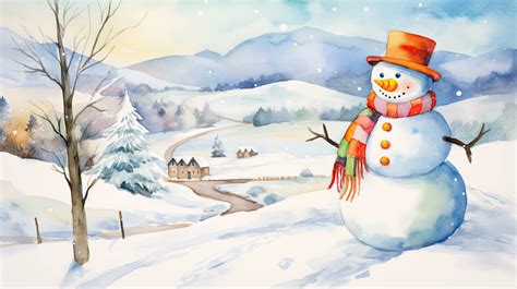 A cheerful snowman with a hat and scarf stands in a snowy landscape with trees in the background