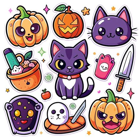 A Set Of Cute Halloween Stickers Featuring Pumpkins Cats And Other