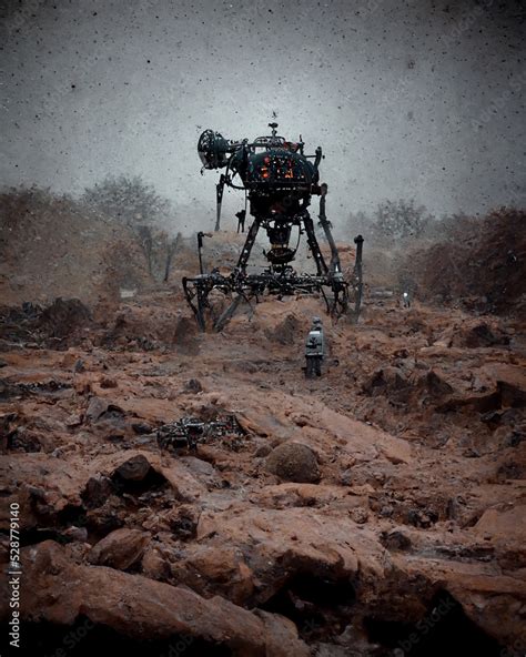 Huge Military Robot in Post Apocalyptic Wasteland Landscape Art ...