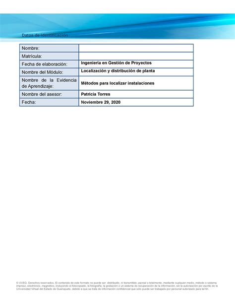 Métodos para localizar instalaciones Datos de identificación Nombre