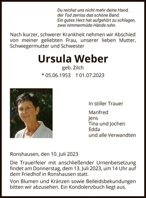 Traueranzeigen Von Ursula Weber Trauer HNA De