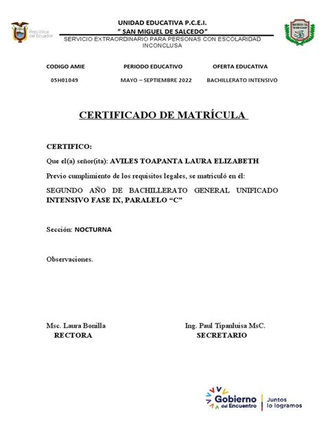 Formato Certificados De Matrícula Pdf