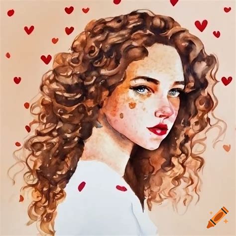 Beautiful Woman With Long Curly Brown Hair And Freckles In A White Shirt Surrounded By Hearts On