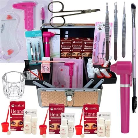 Kit Sobrancelha Henna Makiaj Maleta Pincel Navalha Pin A Cor Rose