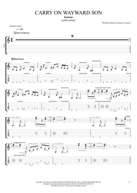 Carry On Wayward Son by Kansas - Full Score Guitar Pro Tab | mySongBook.com