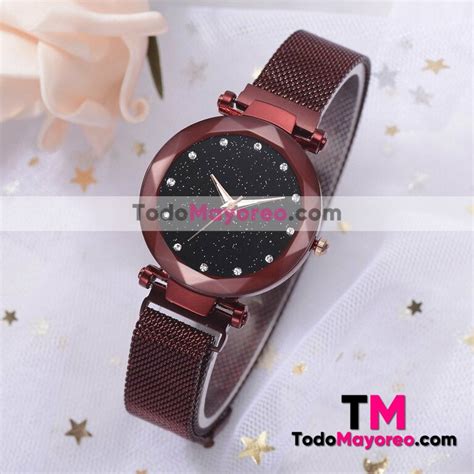 Reloj Rojo Extensible Metal Mesh Im N Caratula Negra Con Destellos