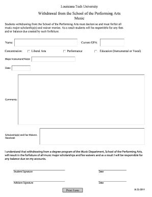 Fillable Online Latech Withdrawal From Music Louisiana Tech